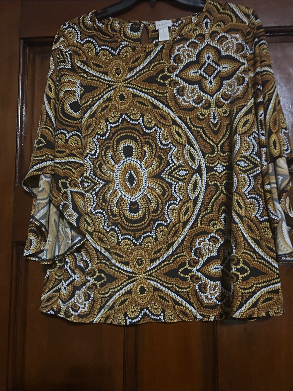 Chico's Brown and Gold Medallion Flutter-Sleeve Blouse